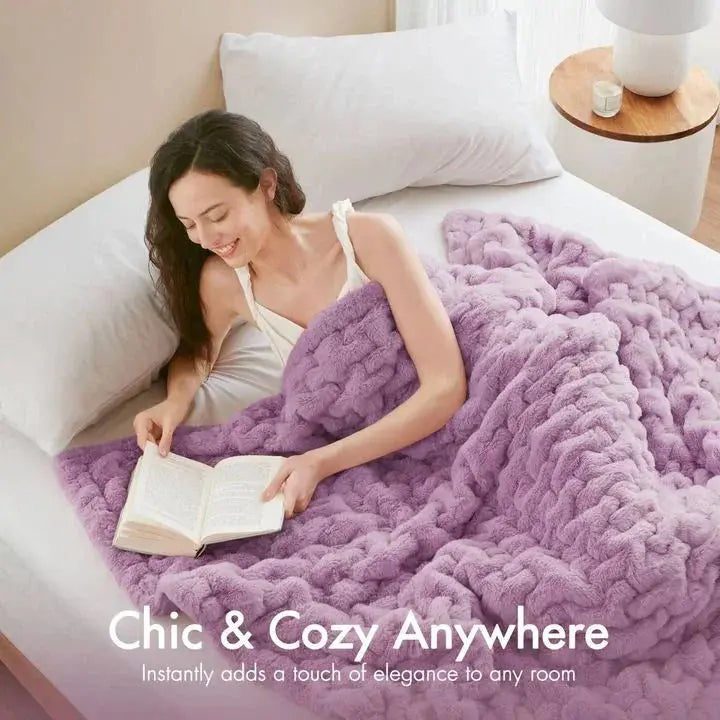 Faux Fur Throw Blanket with Double Sided Ruched Texture for Cozy Everyday Home Use