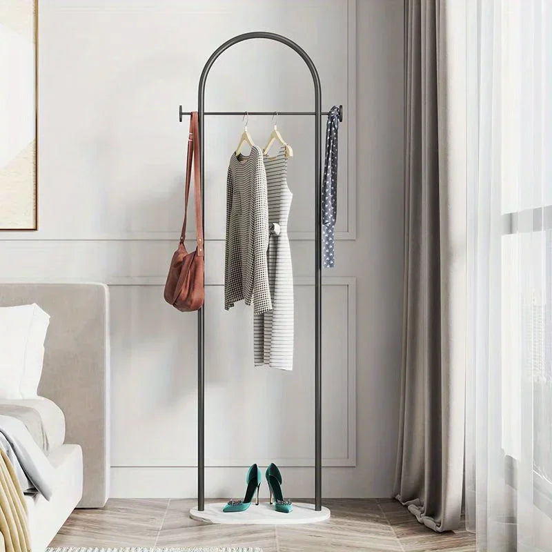 Metal Free-Standing Clothes Hanger with Marble Base, Minimalist Bedroom Coat Rack with Storage Shelf for Garments and Accessories