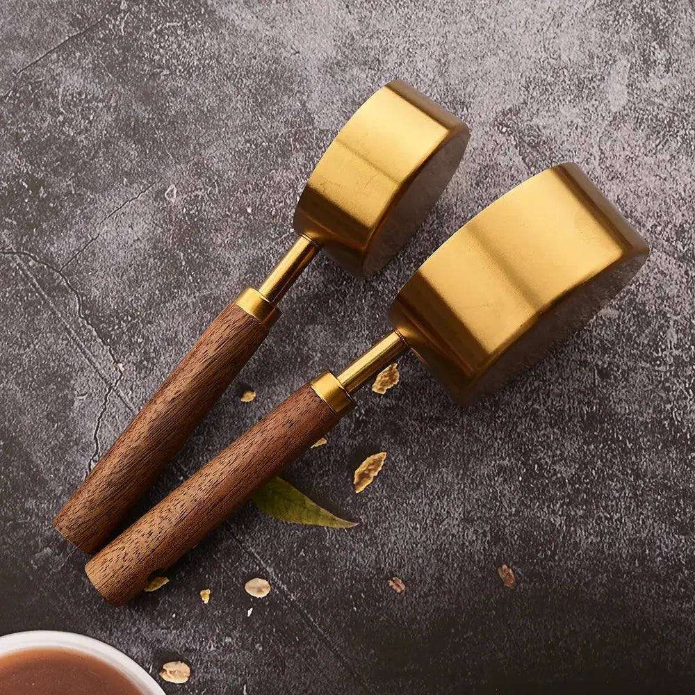 Gold Stainless Steel Measuring Cups and Spoons Set with Wooden Handles for Baking