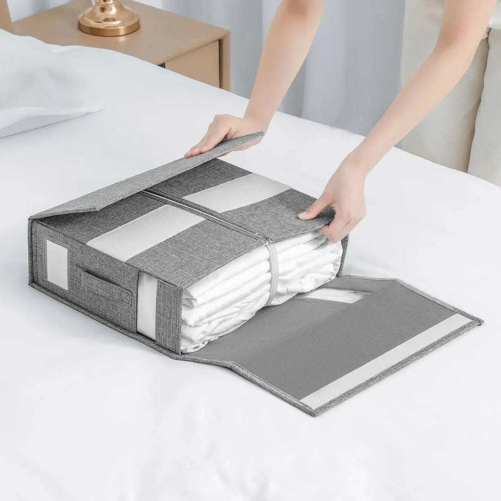 Foldable Fabric Storage Boxes with Window and Zipper for Sheets, Blankets, and Wardrobe Organization