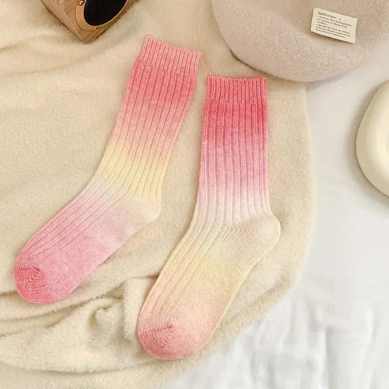 Gradient Wool Cashmere Long Knit Socks for Women with Thick Thermal Knit for Autumn and Winter Wear