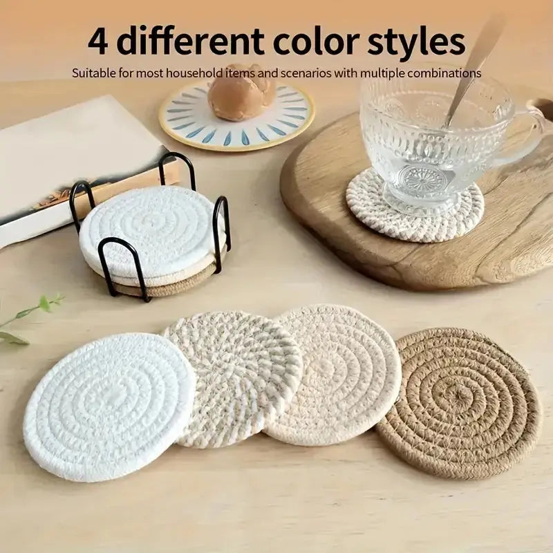 8 Piece Knitted Heat Resistant Coaster Set Spiral Pattern Tabletop Protector