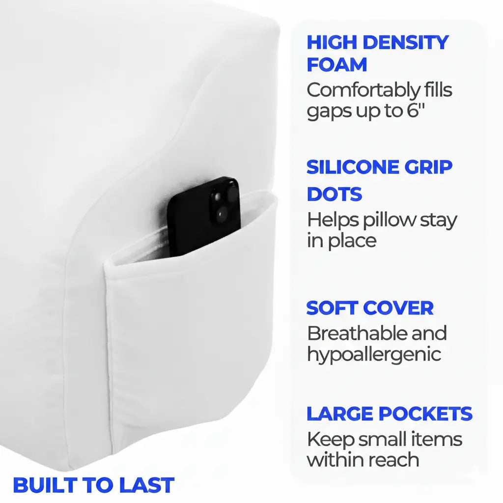 Mattress Gap Pillow with Silicone Grip Dots and Storage Pockets for Secure Bedside Support