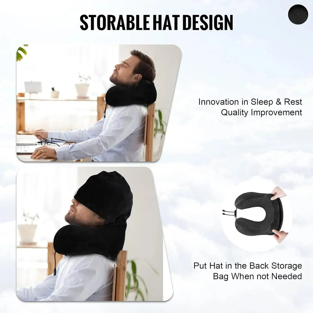 Hooded Travel Pillow with U Shaped Memory Foam and Light Blocking Hood for Airplane, Office, and Car Rest