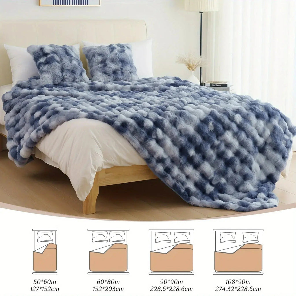 Tie Dye Faux Rabbit Fur Throw Blanket with Reversible Plush Design for Couch Bed and Travel