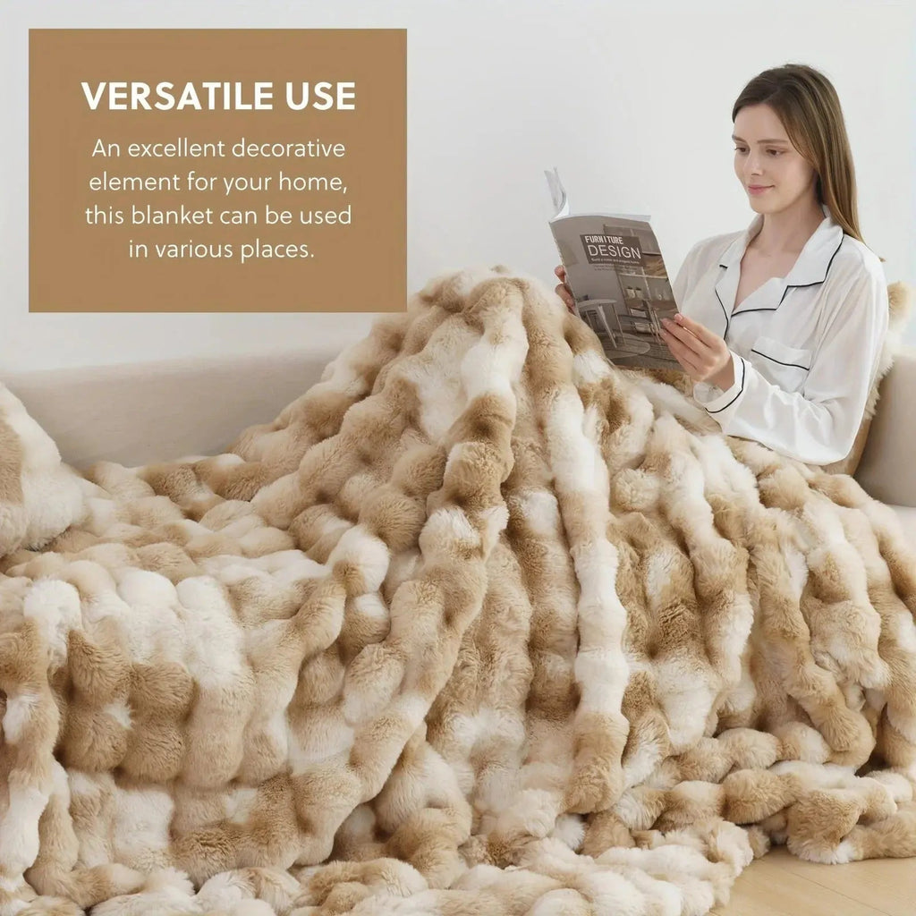 Tie Dye Faux Rabbit Fur Throw Blanket with Reversible Plush Design for Couch Bed and Travel