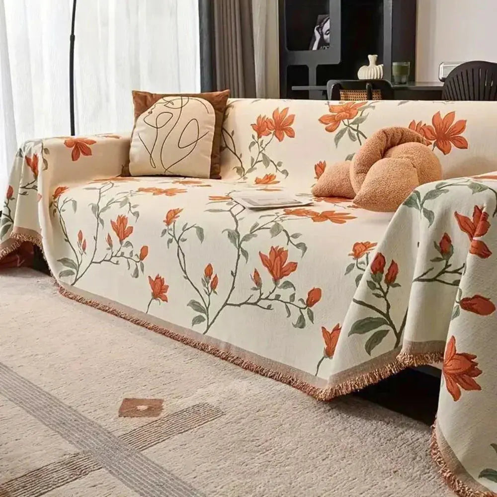 Bohemian Chenille Sofa Cover with Tassels for Four-Season Use as Universal Blanket and Furniture Protector