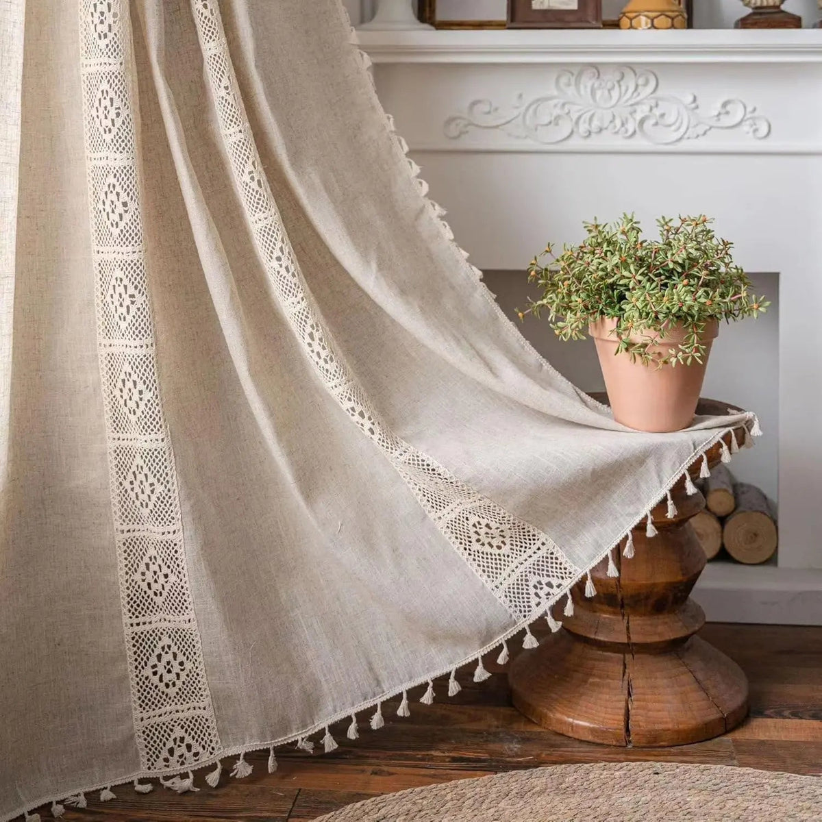 Boho Semi-Blackout Cotton Linen Curtain Panels with Tassels for Bedroom and Living Room Décor