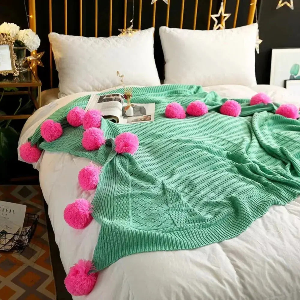 Cotton Cashmere Crochet Plaid Blanket with Fluffy Pom Balls for Travel, Beach, or Camping