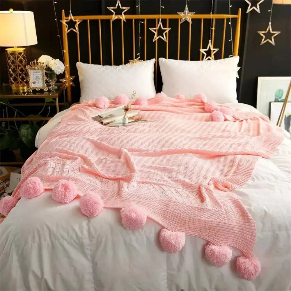 Cotton Cashmere Crochet Plaid Blanket with Fluffy Pom Balls for Travel, Beach, or Camping