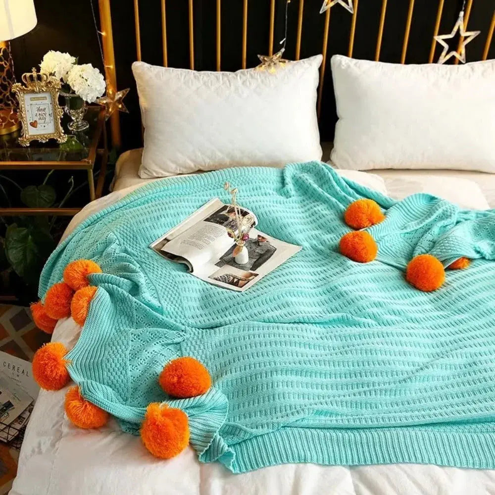 Cotton Cashmere Crochet Plaid Blanket with Fluffy Pom Balls for Travel, Beach, or Camping