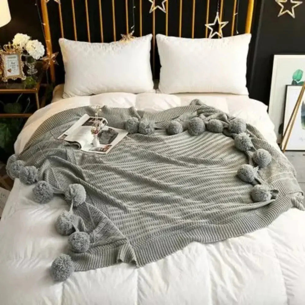 Cotton Cashmere Crochet Plaid Blanket with Fluffy Pom Balls for Travel, Beach, or Camping