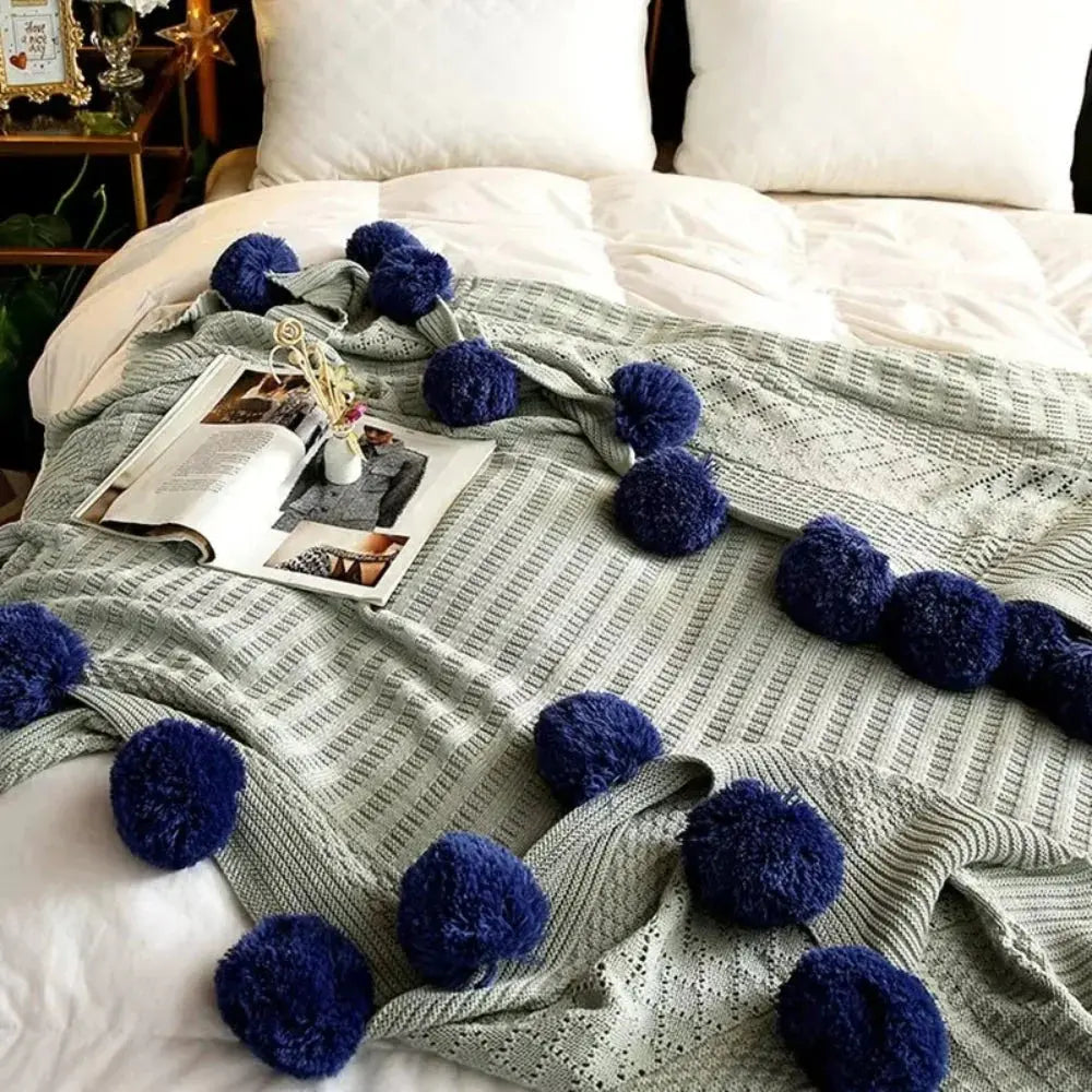 Cotton Cashmere Crochet Plaid Blanket with Fluffy Pom Balls for Travel, Beach, or Camping