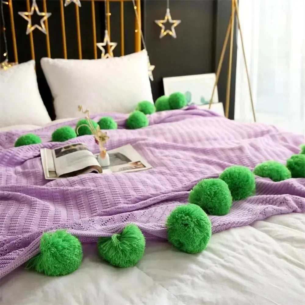 Cotton Cashmere Crochet Plaid Blanket with Fluffy Pom Balls for Travel, Beach, or Camping