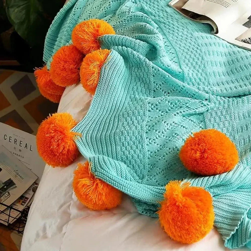 Cotton Cashmere Crochet Plaid Blanket with Fluffy Pom Balls for Travel, Beach, or Camping