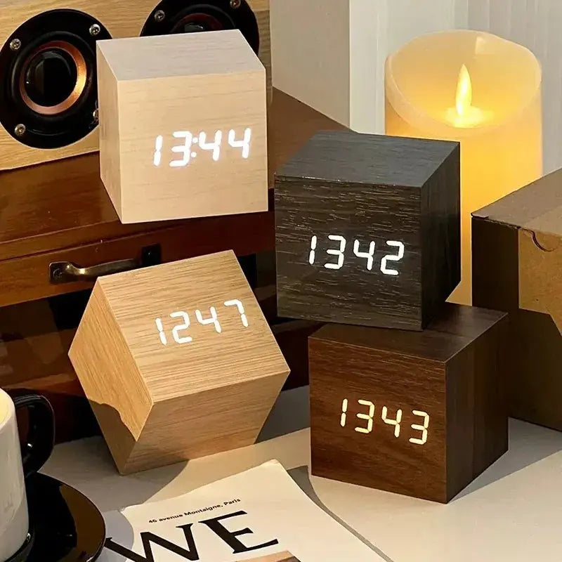 Wooden LED Digital Alarm Clock with Temperature Display and Sound Control for Desktop and Bedside Use