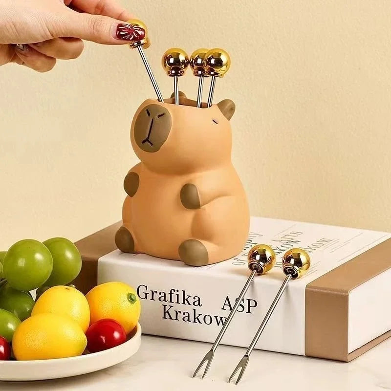 Pen Holder Ceramic Capybara Design for Desk Stationery and Makeup Brush Storage