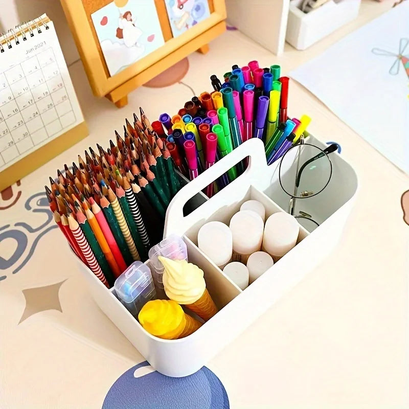 Multipurpose Plastic Caddy with 5 Compartments and Handle for Stationery and Office Storage