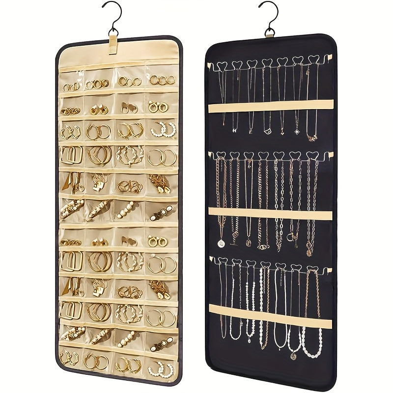 Double Sided Hanging Jewelry Organizer Roll with Metal Hooks for Earrings Necklaces Rings Storage