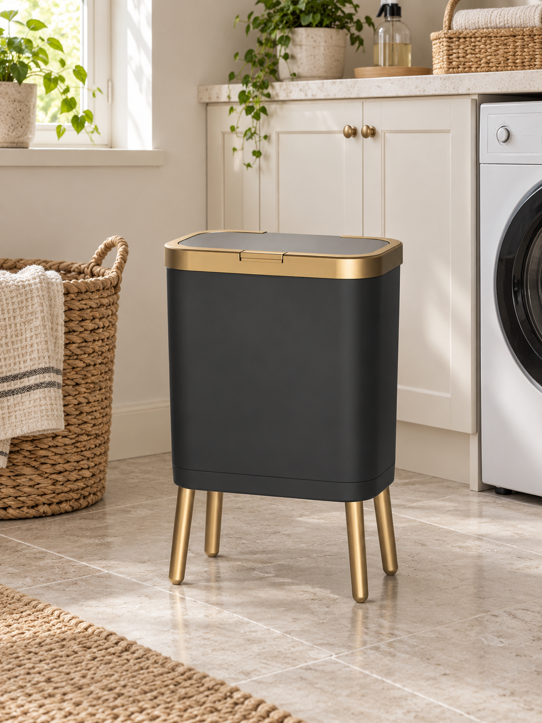 Black and gold 15L bin with raised legs — lifestyle photograph 1
