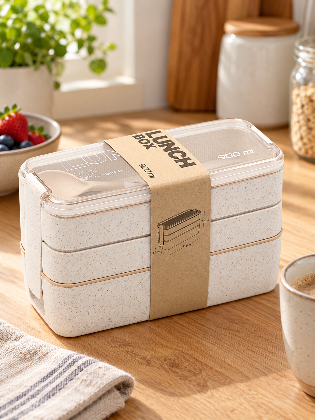 EcoStack 3-Tier Wheat Straw Lunch Box on a kitchen counter