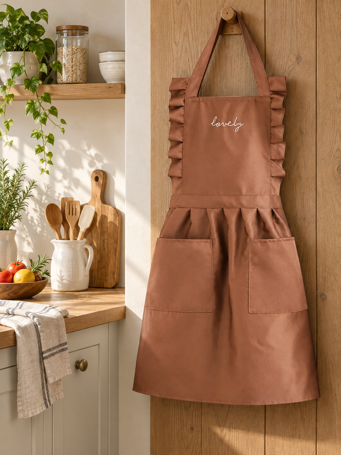 FloraBelle Waterproof Ruffled Apron — everyday setting