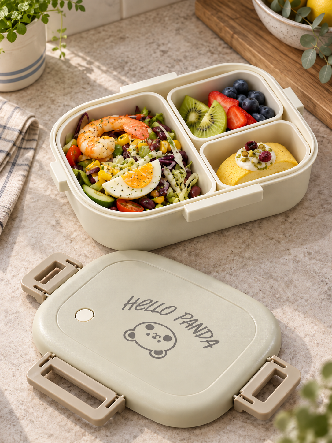 FreshMate cream bento box with three compartments and matching HELLO PANDA lid