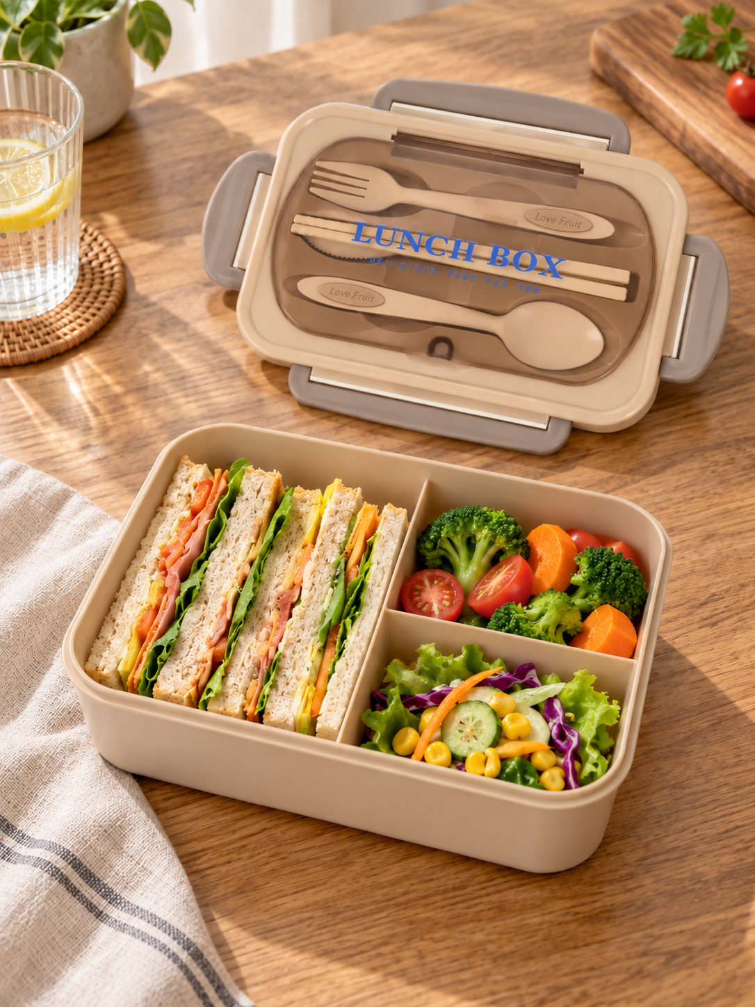 MealMate beige bento lunch box — three food compartments
