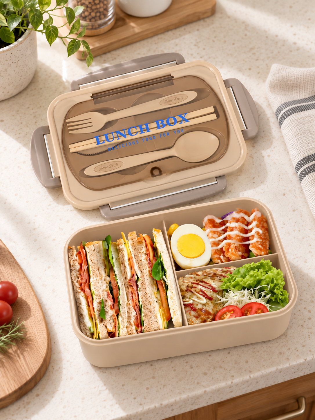 MealMate beige bento lunch box — utensil storage