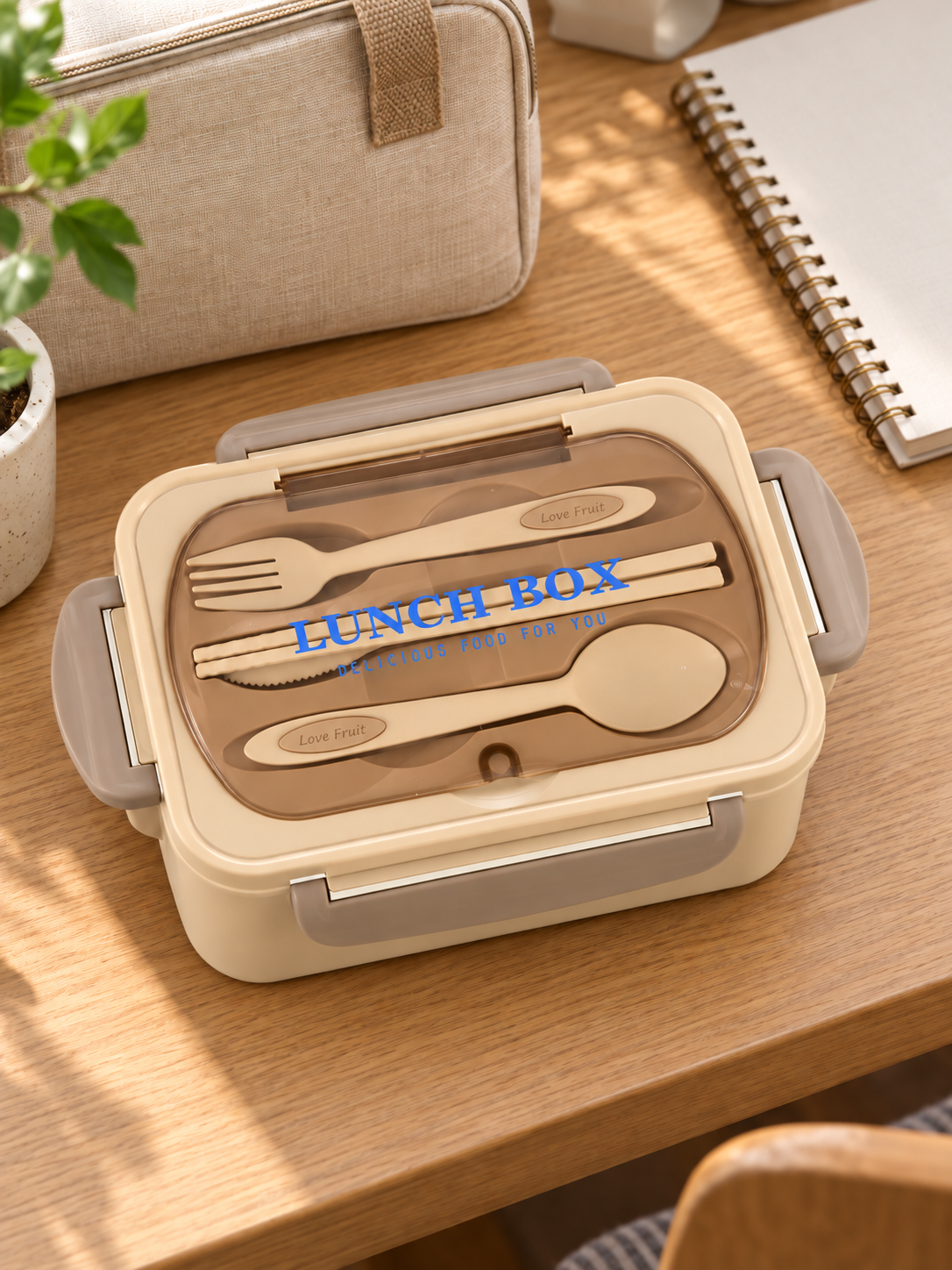 MealMate beige bento lunch box — closed lid and clips
