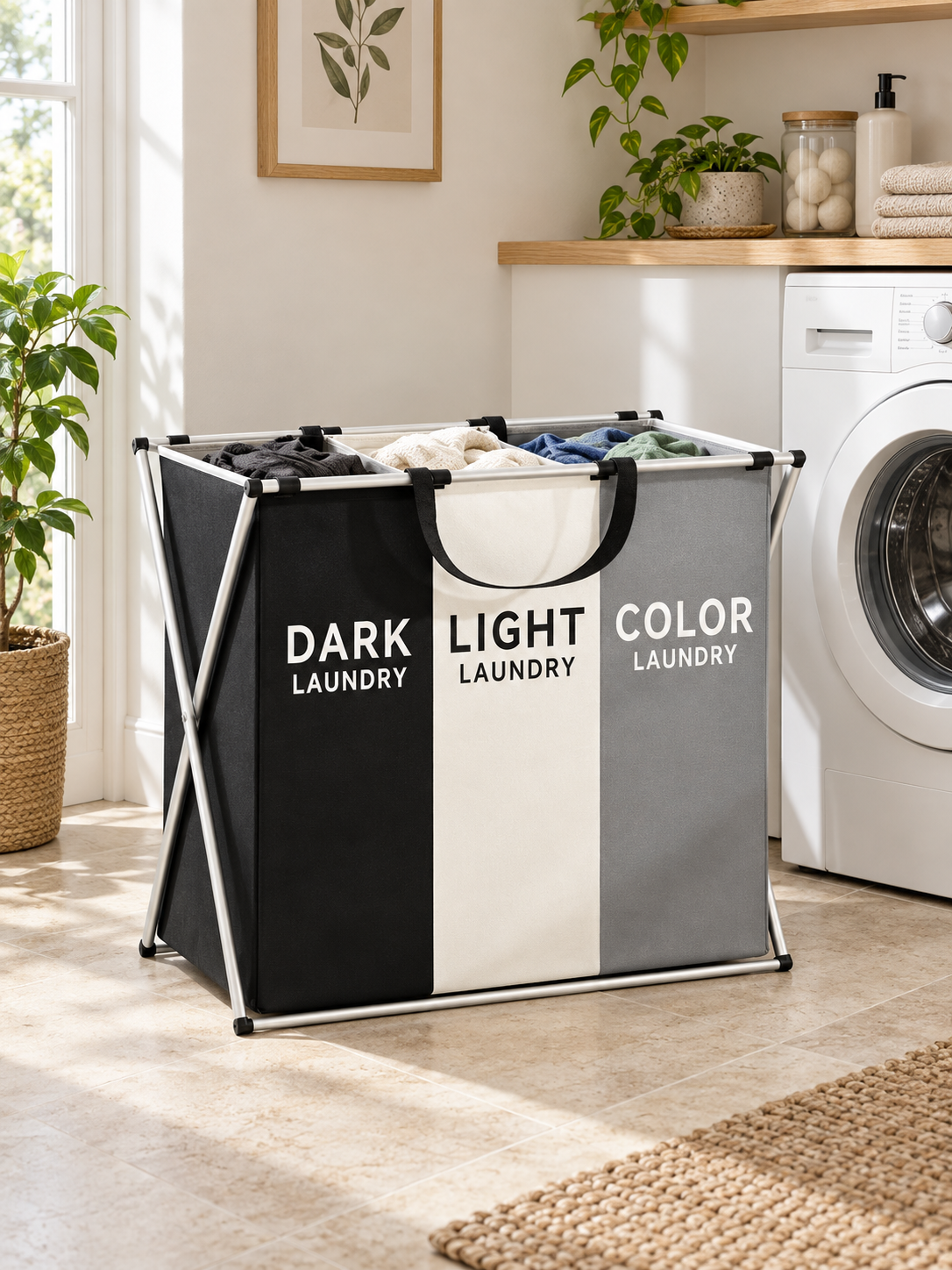 TriSort Triple-Section Laundry Hamper — Effortless Laundry Sorting & Organization — home setting