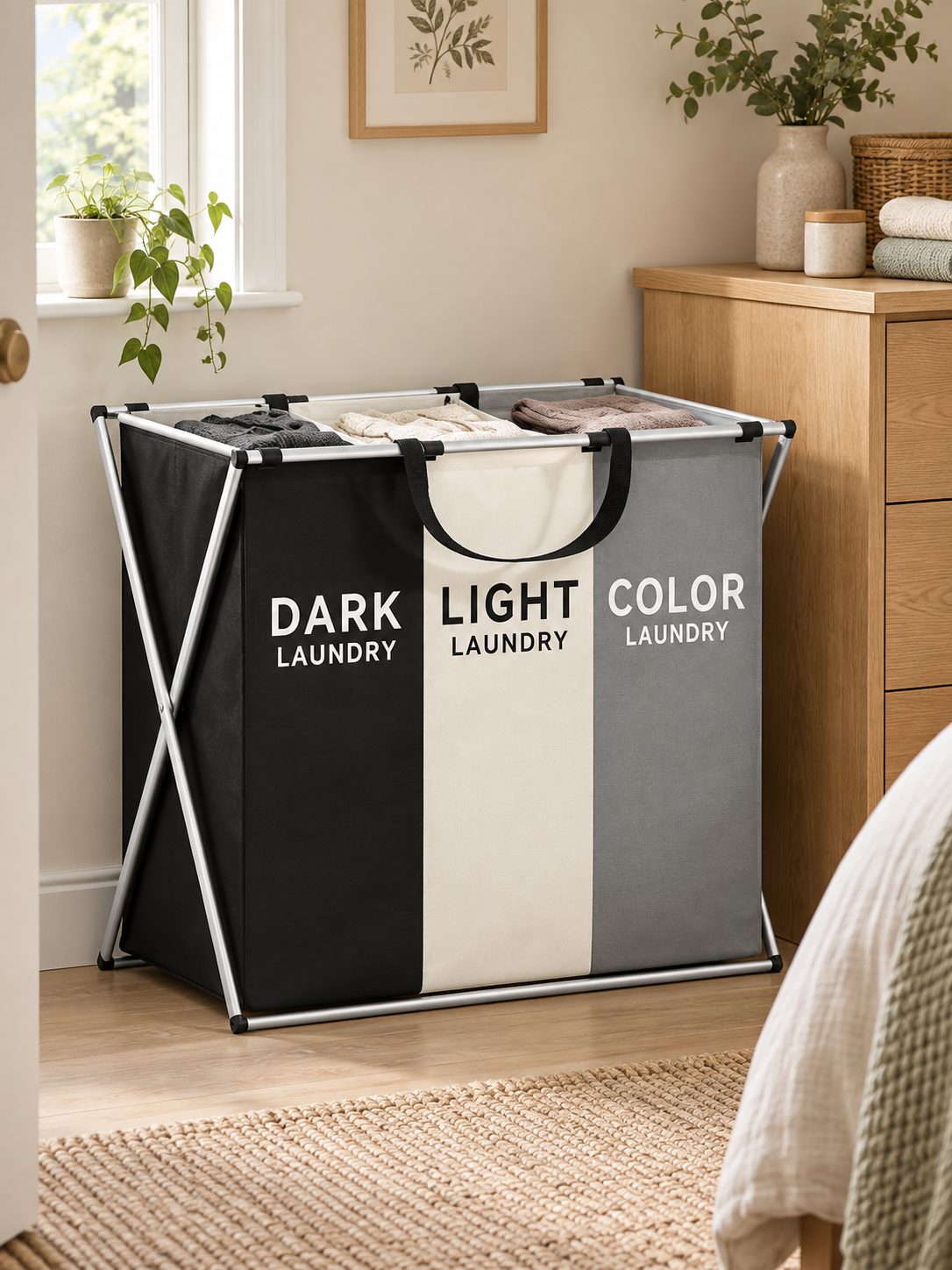 TriSort Triple-Section Laundry Hamper — Effortless Laundry Sorting & Organization — everyday setting