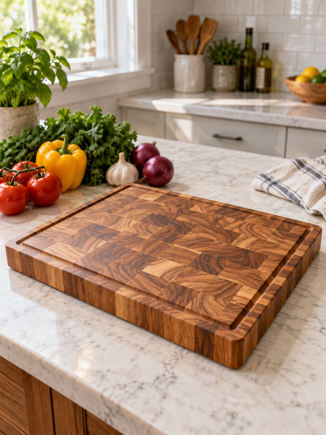 Premium acacia wood cutting board in a bright kitchen, view 1