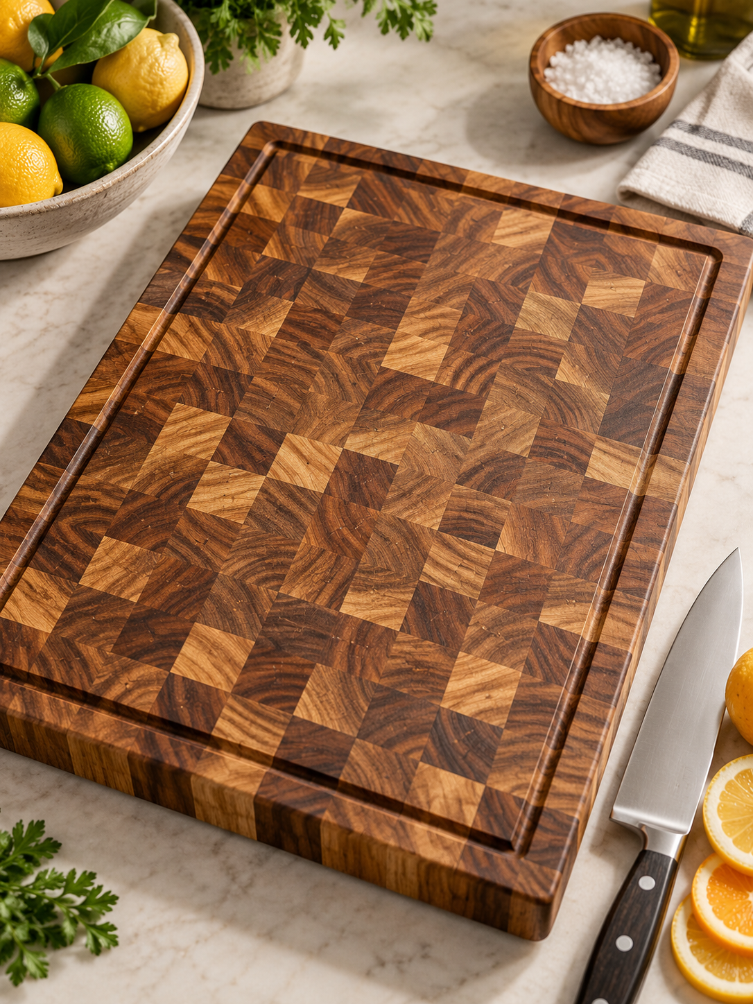 Premium acacia wood cutting board end-grain and juice groove close view
