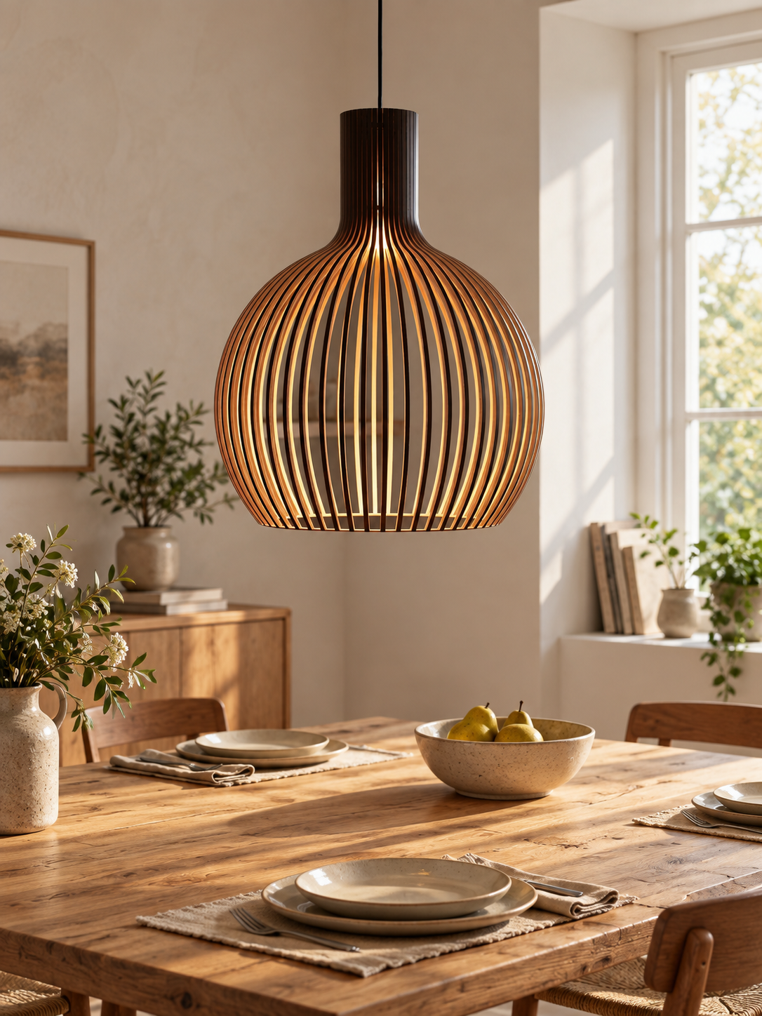 Wooden slatted pendant light in a warm home interior, scene 1.