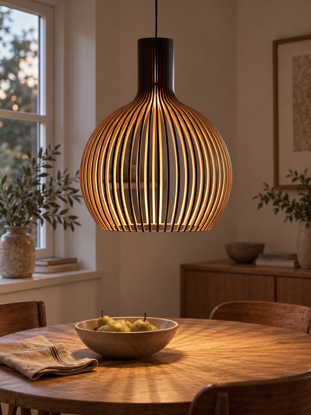 Wooden slatted pendant light in a warm home interior, scene 2.
