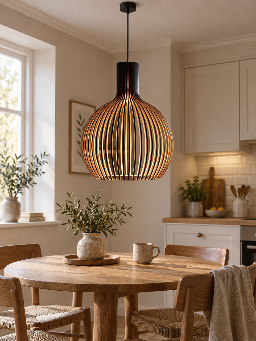Wooden slatted pendant light in a warm home interior, scene 3.