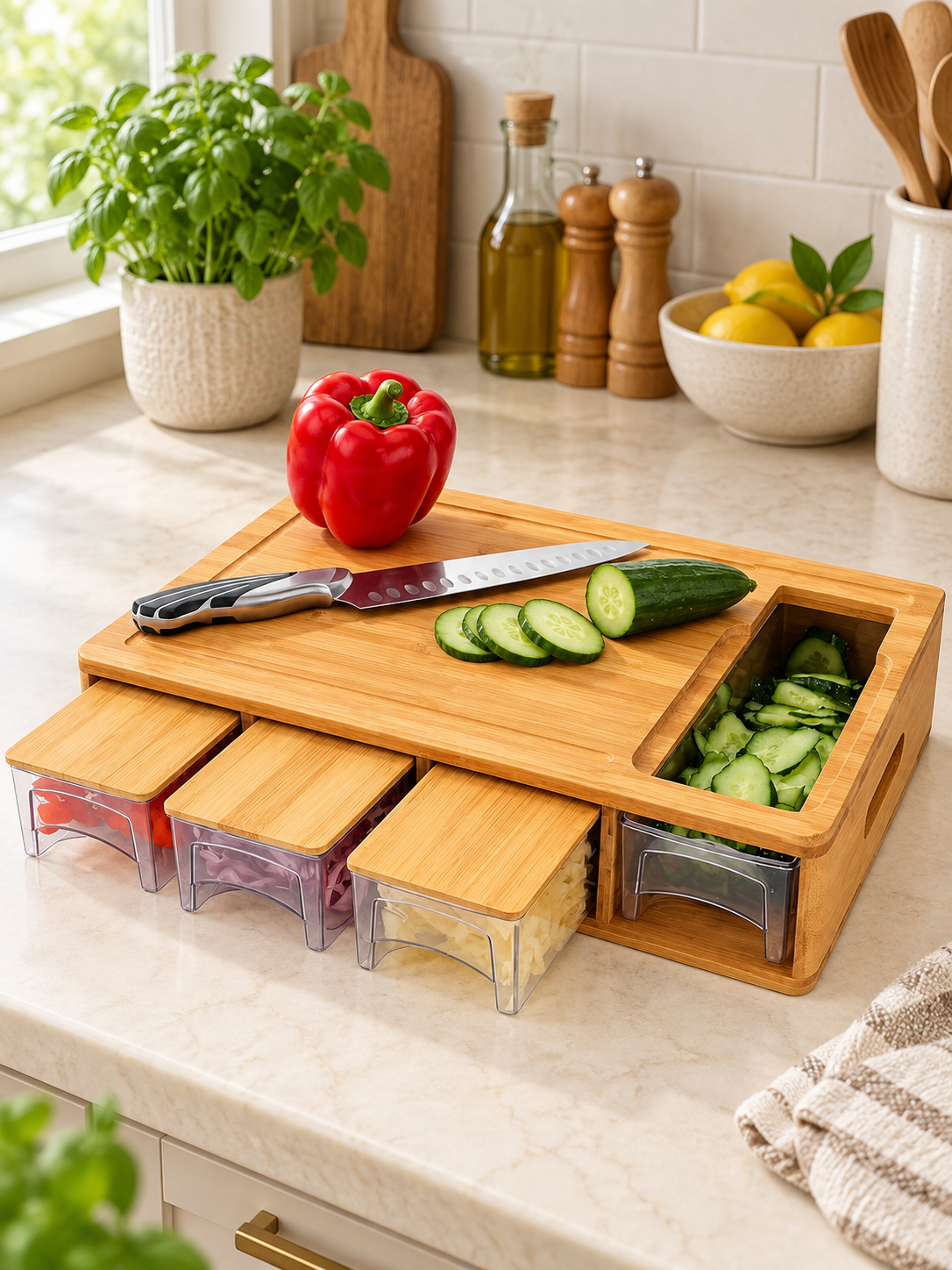 Premium Bamboo Cutting Board with Built-In Storage Trays — lifestyle photograph 1