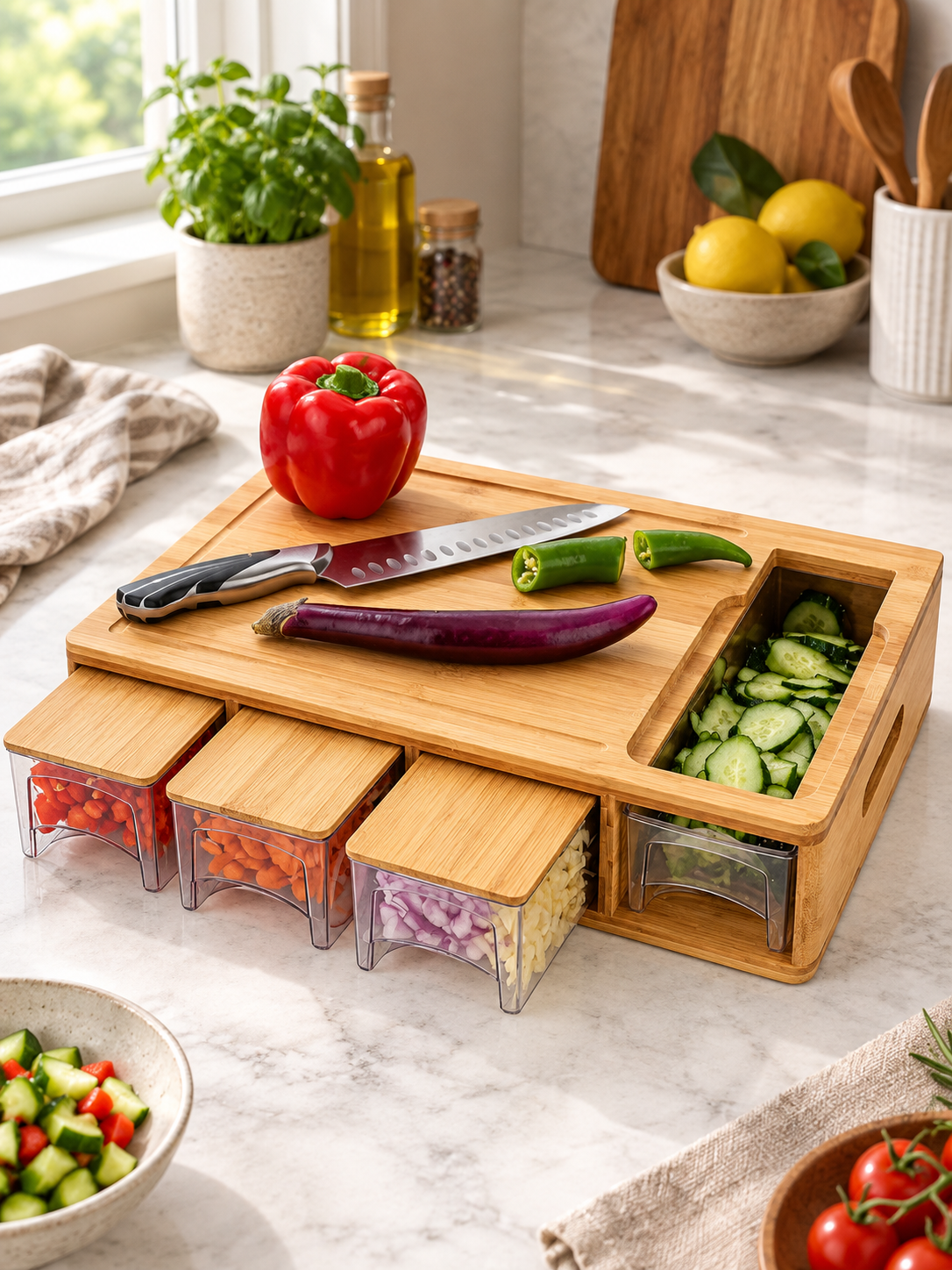 Premium Bamboo Cutting Board with Built-In Storage Trays — lifestyle photograph 2