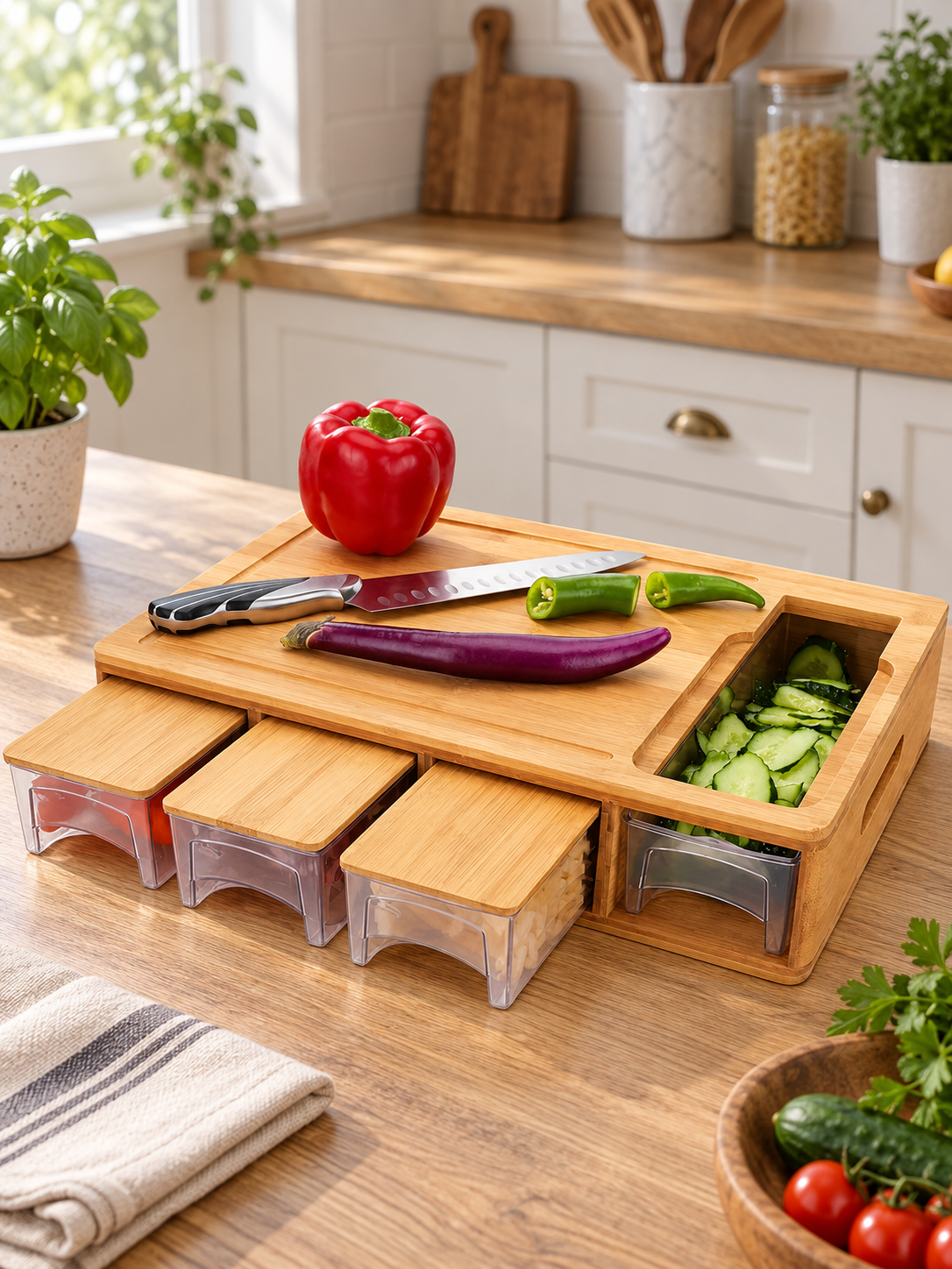 Premium Bamboo Cutting Board with Built-In Storage Trays — lifestyle photograph 3