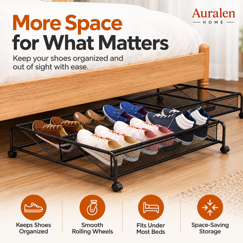 Auralen Home — Rolling Under Bed Shoe Organizer with Wheels for Closet, Bedroom and Space-Saving Storage