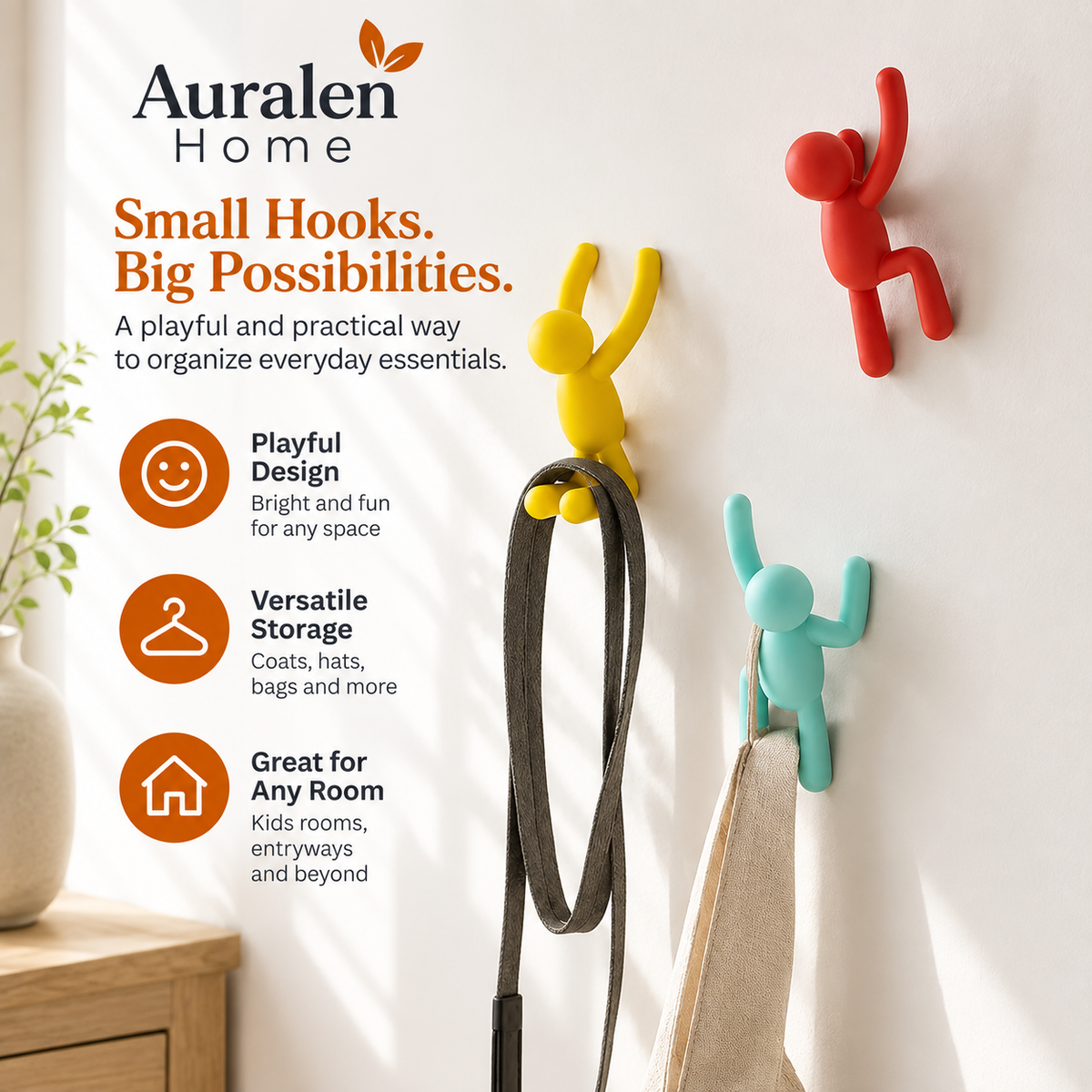 Auralen Home — Cartoon Wall Hook with Playful Design for Kids Room, Entryway, Coats, Hats, and Accessory Storage