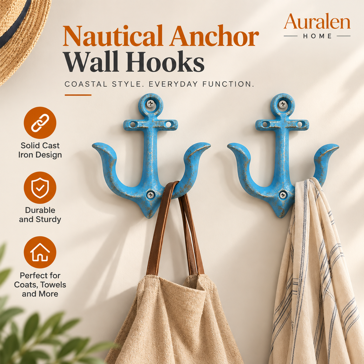 Auralen Home — Nautical Anchor Hooks with Cast Iron Design for Coastal Coat and Towel Storage