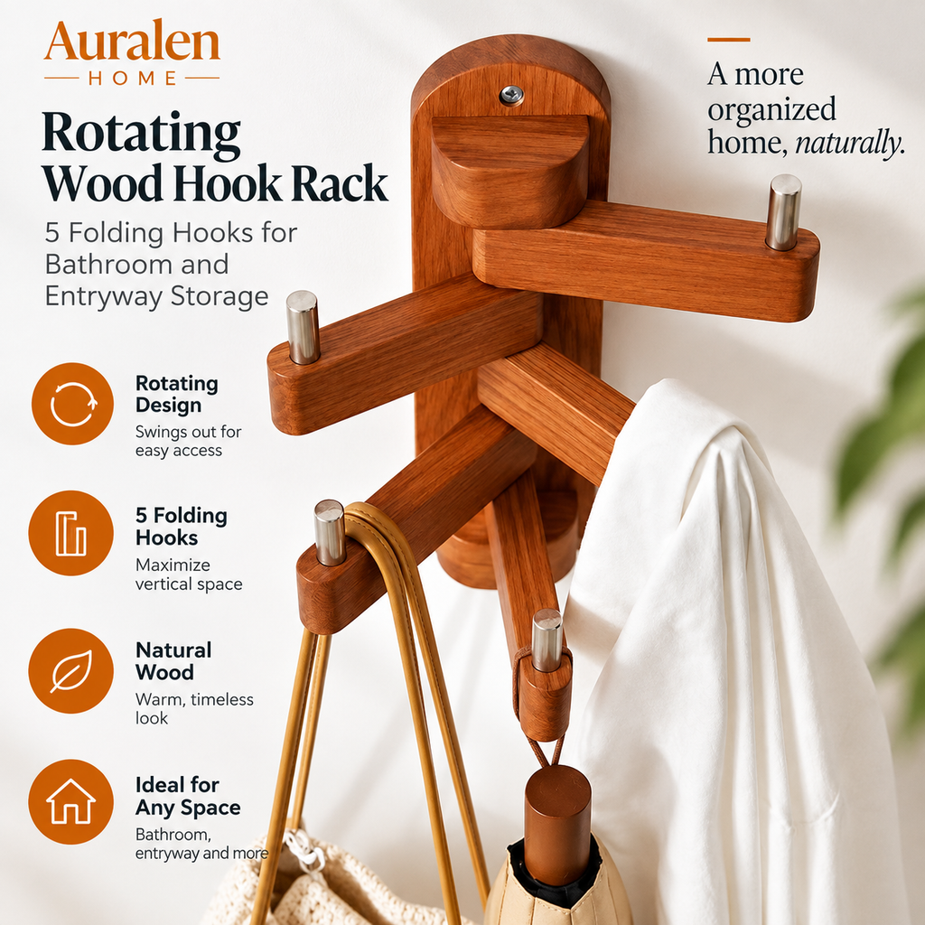 Auralen Home — Rotating Wood Hook Rack with 5 Folding Hooks for Bathroom and Entryway Storage