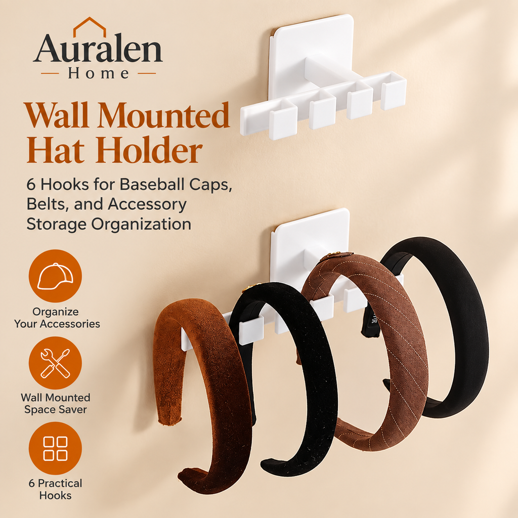 Auralen Home — Wall Mounted Hat Holder with 6 Hooks for Baseball Caps, Belts, and Accessory Storage Organization