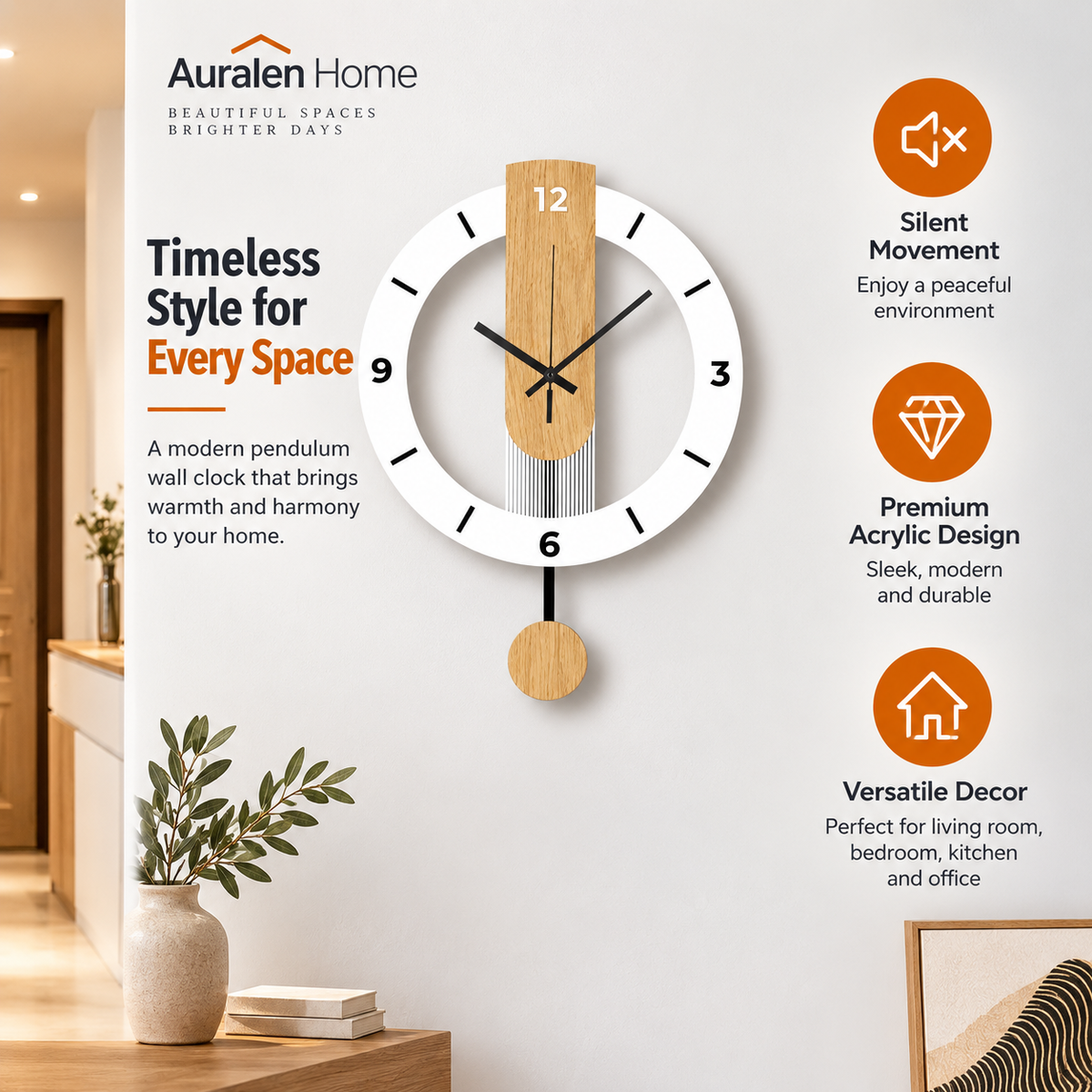 Auralen Home — Wood Grain Pendulum Clock with Silent Acrylic Design for Living Room Bedroom Kitchen and Office Decor