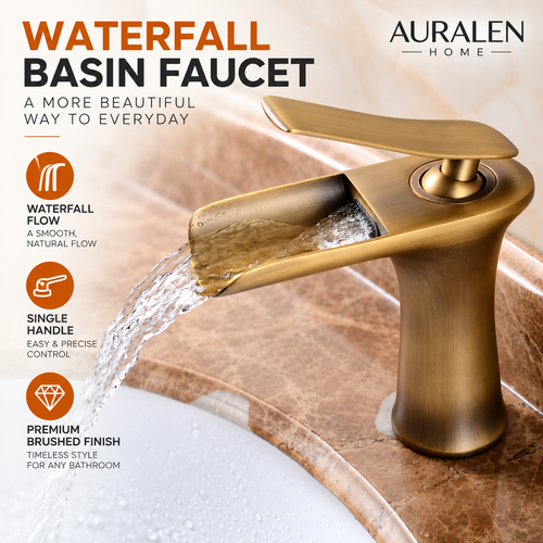 Auralen Home — Waterfall Basin Faucet with Single Handle Mixer Design for Bathroom Sink and Vanity Use
