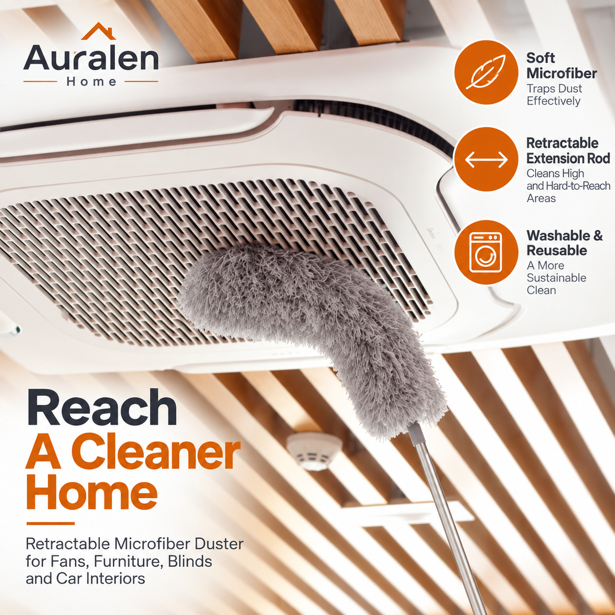 Auralen Home — Retractable Microfiber Duster with Extension Rod, Washable and Reusable Ceiling Cleaning Tool for Fans, Furniture, Blinds, and Car Interiors