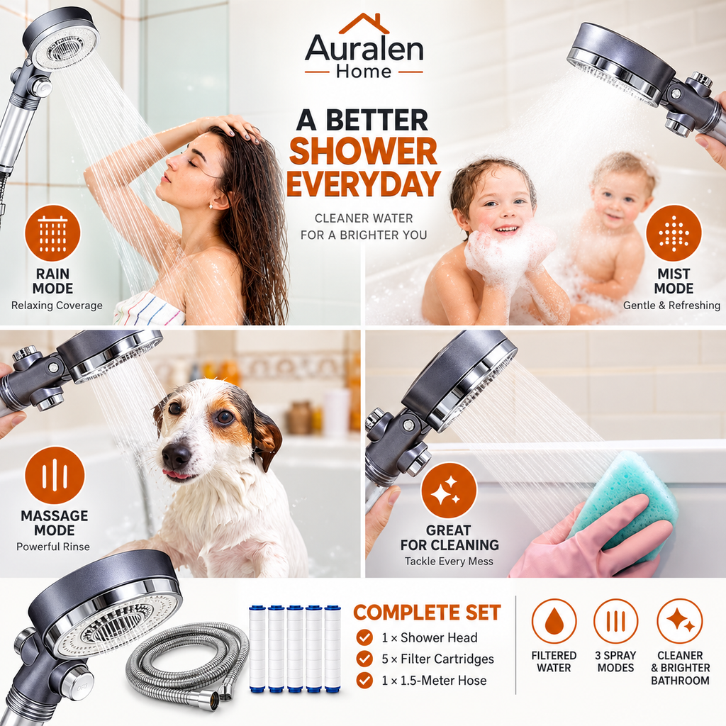 Auralen Home — Double-Sided Shower Head with 3 Spray Modes and Filtered Rainfall Design for Bathroom Use (Included Shower head + 5 Filter cartridges + 1.5-meter
