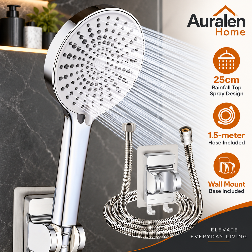 Auralen Home — Ceiling Mounted Shower Head with 25cm Rainfall Top Spray Design for Bathroom Shower Setups (Shower head + 1.5-meter black Hose + Base)